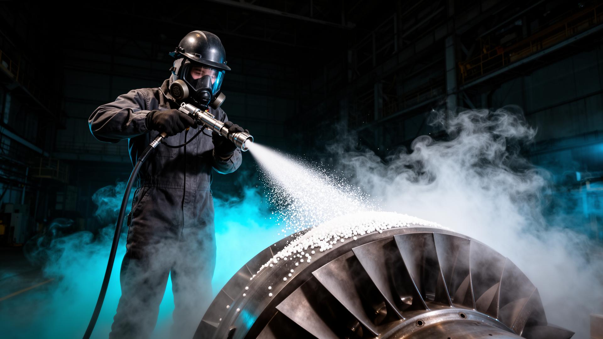 Industrial worker performing dry ice blasting on a turbine